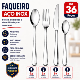 Faqueiro Aço Inox Premium 12 24 36 Peças Jogo De Talheres Completo
