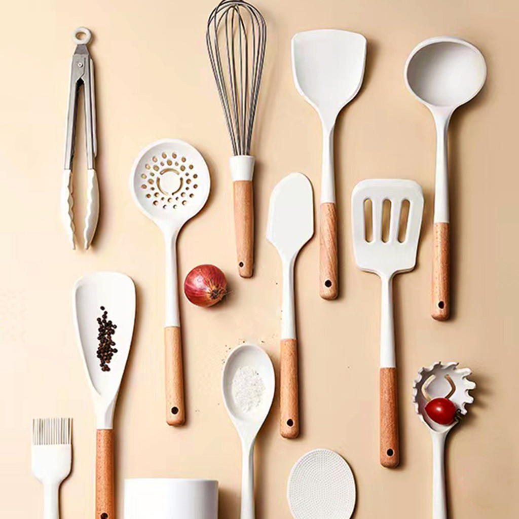 Conjunto de utensílios de cozinha de Silicone branco japonês esmalte antiaderente panela especial cozinha espátula de co