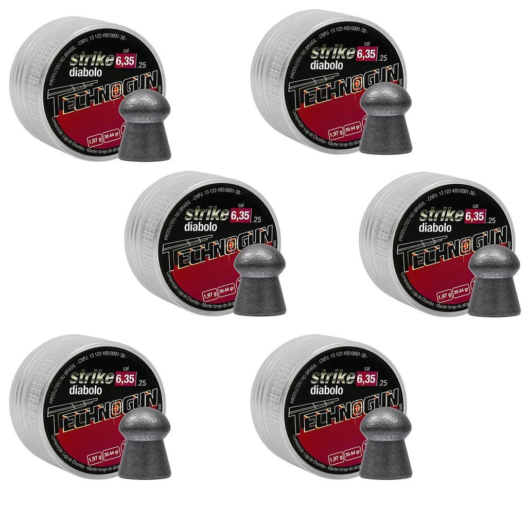 6x Chumbinho/Carabina 6.35mm Technogun 100un Strike Diabolo