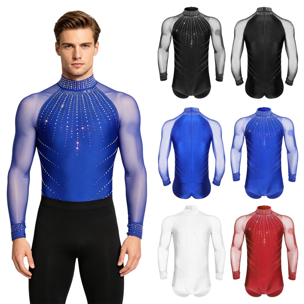 MSemis Masculino Patinação Artística Competição Collant Brilhante Strass Malha Manga Longa Mock Pescoço Bodysuit Dancewe