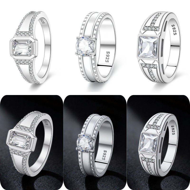 Novo anel masculino em prata esterlina S925, anel masculino simples com diamante quadrado, anel geométrico com diamante 