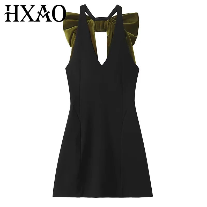 Vestidos HXAO Sem Mangas, Mini Vestido Feminino de, Vestido de Veludo com Laço Borboleta, Vestido Curto Sexy Sem C