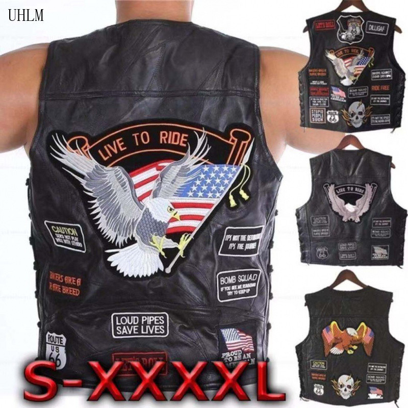 Colete de Motociclista Estiloso, Colete de Couro Masculino com Emblema Bordado, Estilo Retrô T3YI