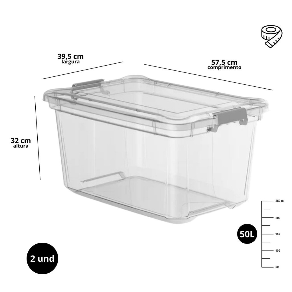 Detalhes do Kit 2 Caixa Organizadora 50L Transparente Com Tampa E Trava Plasvale Grande Multiuso Roupa Brinquedo