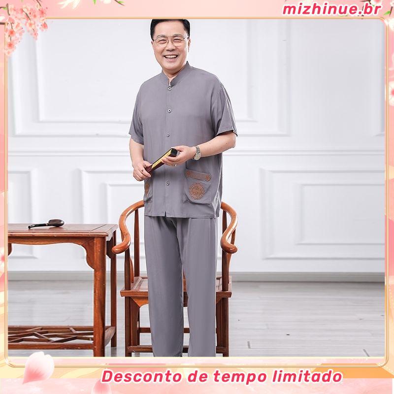 Algodão seda Casual terno de manga curta fino Cardigan masculino 60 idosos Tang terno 70 verão anos pijamas vovô pai