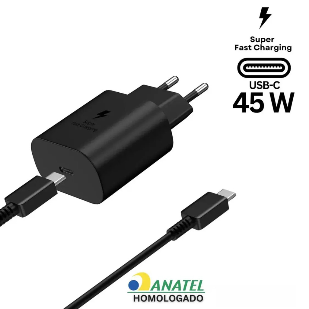 Carregador USB-C Turbo para Samsung Galaxy A05 A13 A15 A25 A33 A34 A55 Fonte 45W