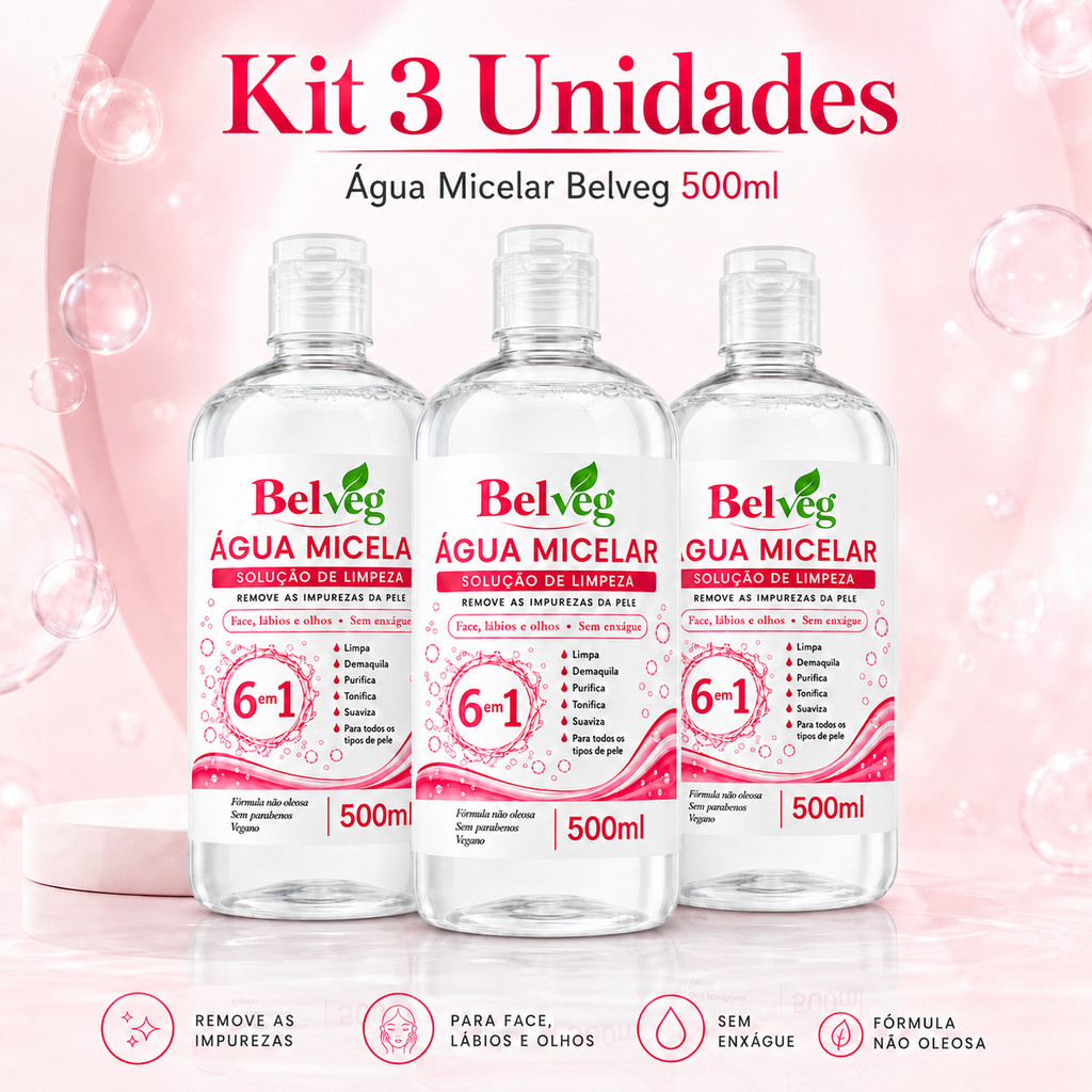 Kit Água Micelar BelVeg 500ml Limpeza Facial Suave Remove