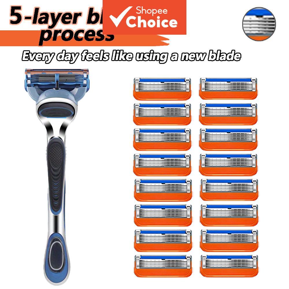 Kit Barbeador Masculino de 5 Camadas Profissional – 16 Refis e Cabo, Lâminas de Aço Inoxidável para Gillette Fusion 5,