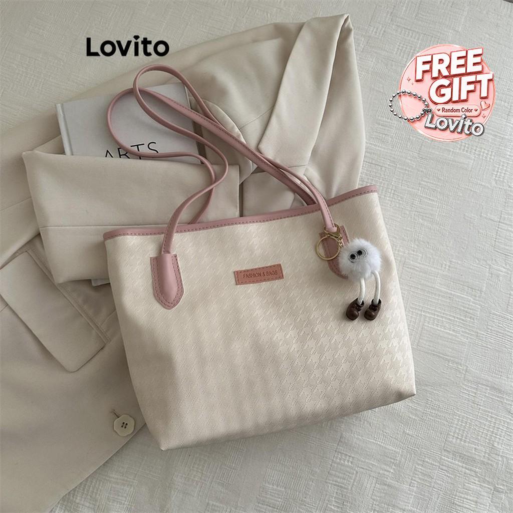(Casual) Lovito Bolsa De Ombro Bolsa De Estrutura Lisa Bolsa De Ombro Remendada Para Mulheres LFA43710