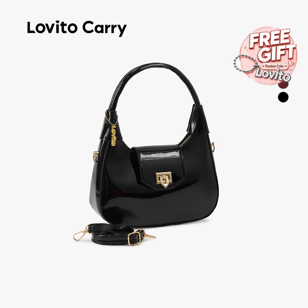(Lovito Carry) Elegante Bolsa de Ombro Pequena com Fecho de Metal Preta Bolsa de