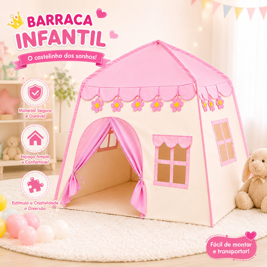 Barraca Infantil Menina Grande Espaço de Brincar Fácil Montagem Portátil