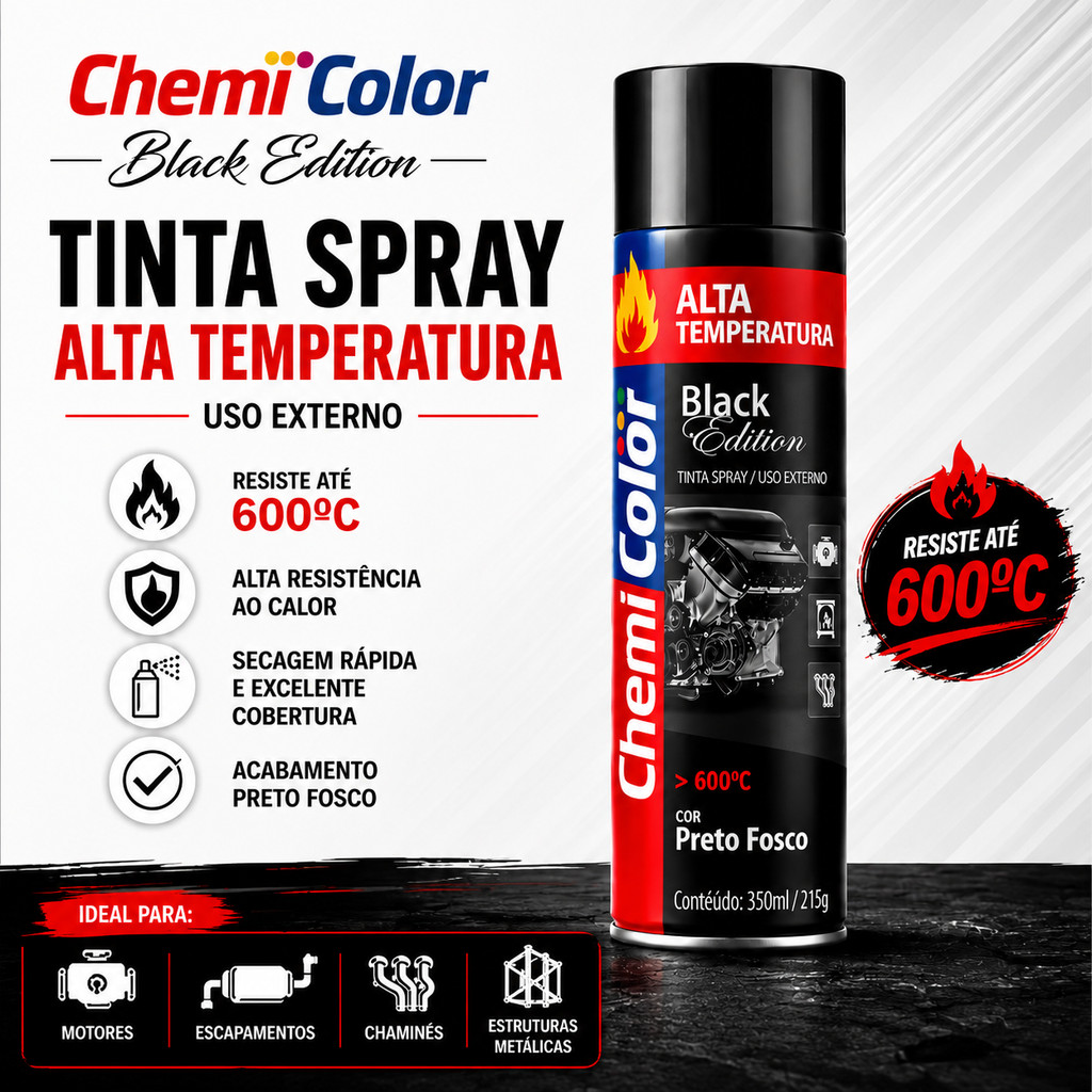 Tinta Spray Alta Temperatura 600°C Preto Fosco Chemicolor Black Edition Uso Externo para Escapamento Motor Churrasqueira