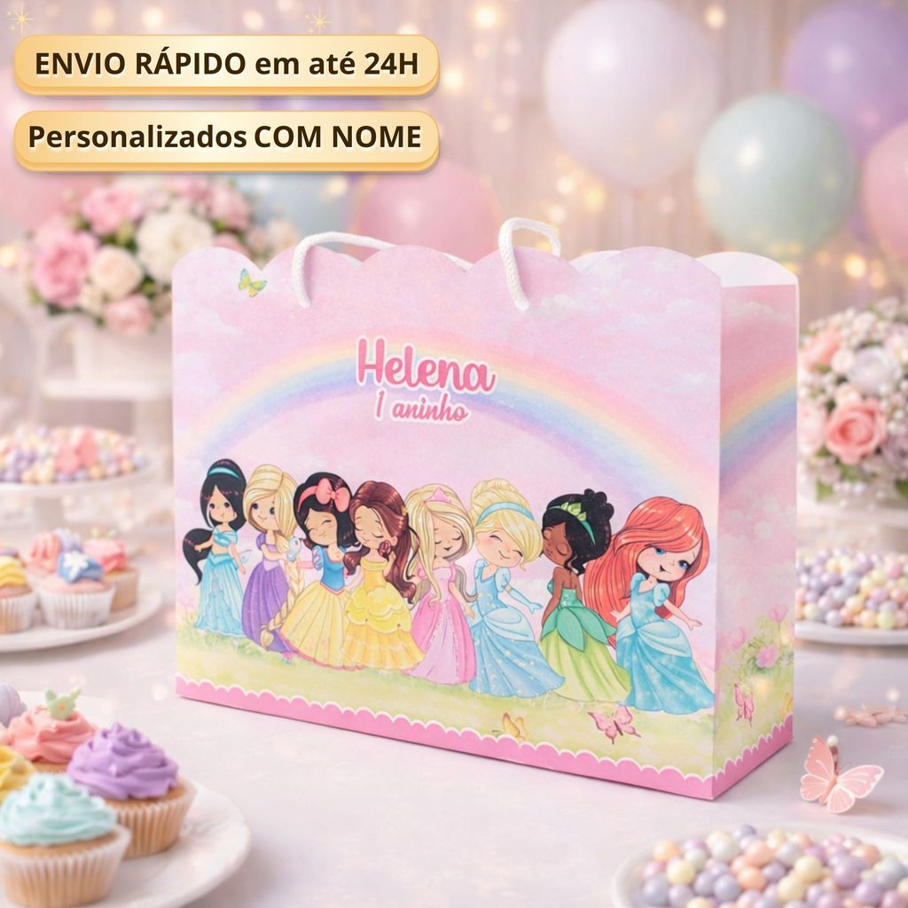 Sacolinha G Princesas Cute Aquarela Pegue Monte  Caixinha Lembrancinha Kit Festa Luxo Sacolinha Grande