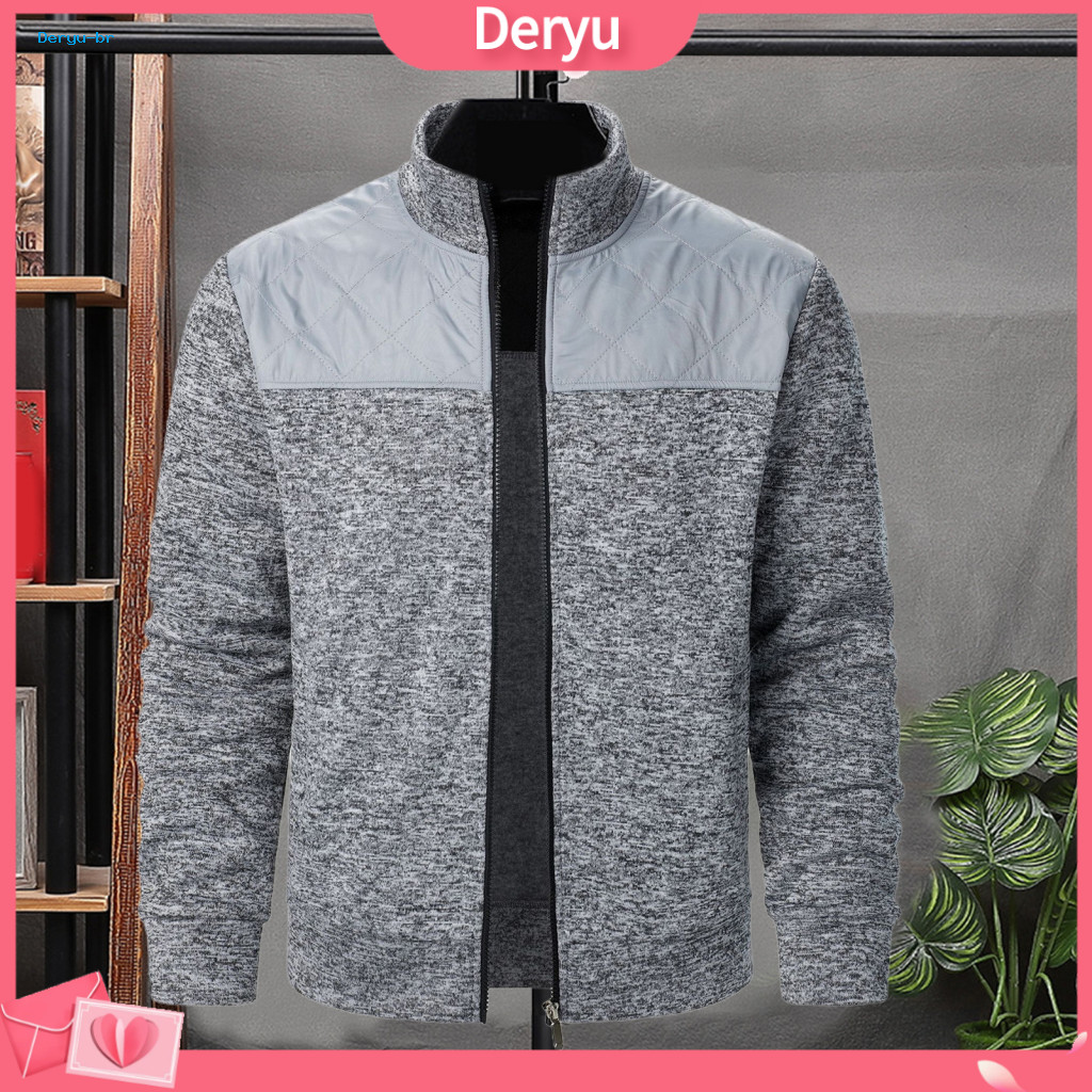 Men Color Block Jacket Stand-up Collar Men's Fall Winter Slim Fit Thermal Knitted Patchwork Zipper Cardigan with Stand L