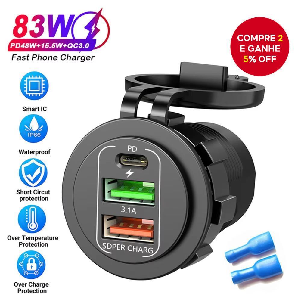 Carregador Veicular 3 em 1 12-24v com Carregamento Rápido Qc3.0, Dual Usb + Carregador Pd, Soquete de Energia À Prova
