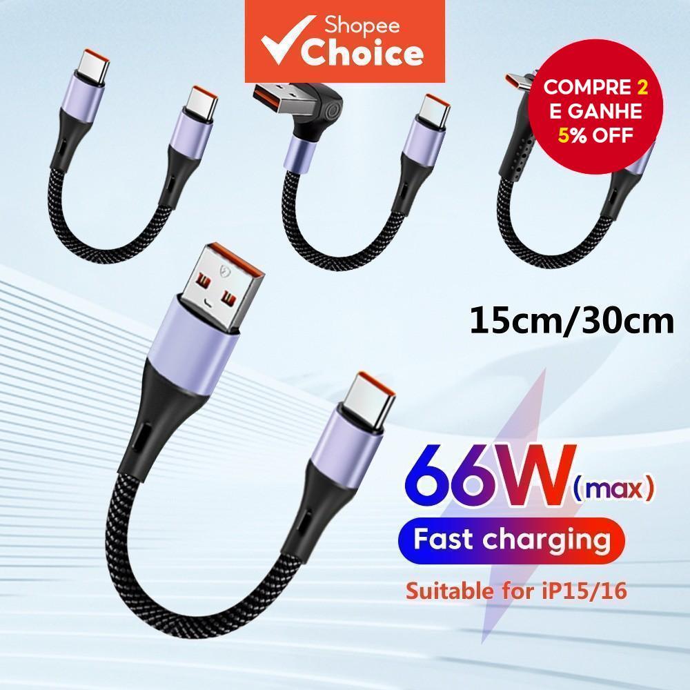 Cabo Curto Tipo C 90 Graus USB Tipo C para Tipo C 6A 66W Carregamento Rápido 15CM 30CM Power Bank Cabo USB C Para