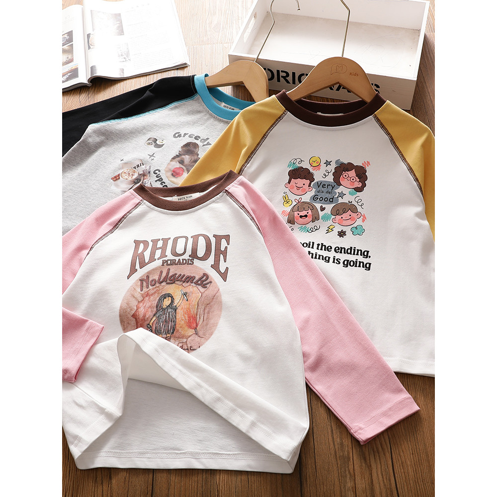 Meninas puro algodão Raglan manga comprida camiseta primavera outono novo estilo médio grande crianças impresso versão c