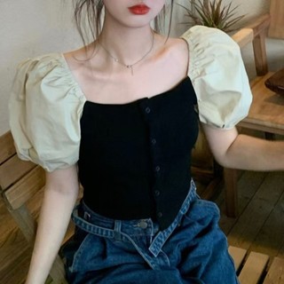 Verão novo estilo mais magro olhar Design Retro All-Match gola quadrada exposta clavícula camisa de manga curta curto es