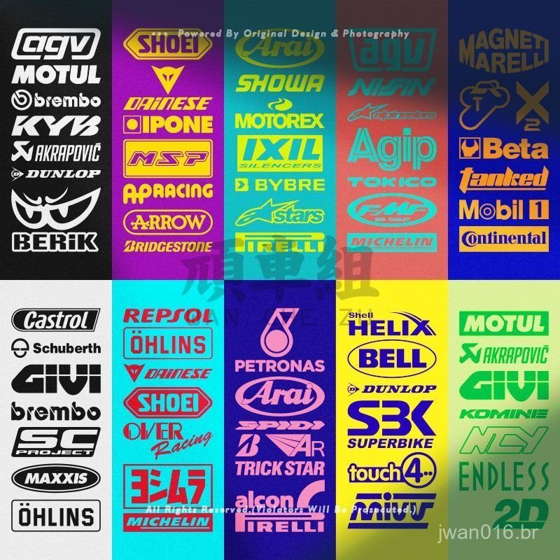 Motocicleta, óleo de motor, pinças de freio, amortecedores, capacete, pneus, escapamento, adesivos de patrocinadores, ad