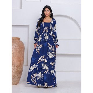 Vestido Longo Feminino Floral Manga Longa Lastex Crepenho Moda Evangélica Casual
