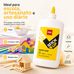 Cola Branca Escolar Deli PVAC Lavável Sem Solvente 120ml ou 500ml Ponta Fina para Artesanato