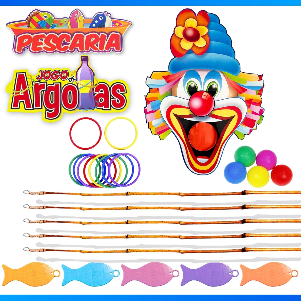 Kit Tradicional Diversão Festa Junina Pescaria Varas De Pesca E Argola Palhaço Bocão