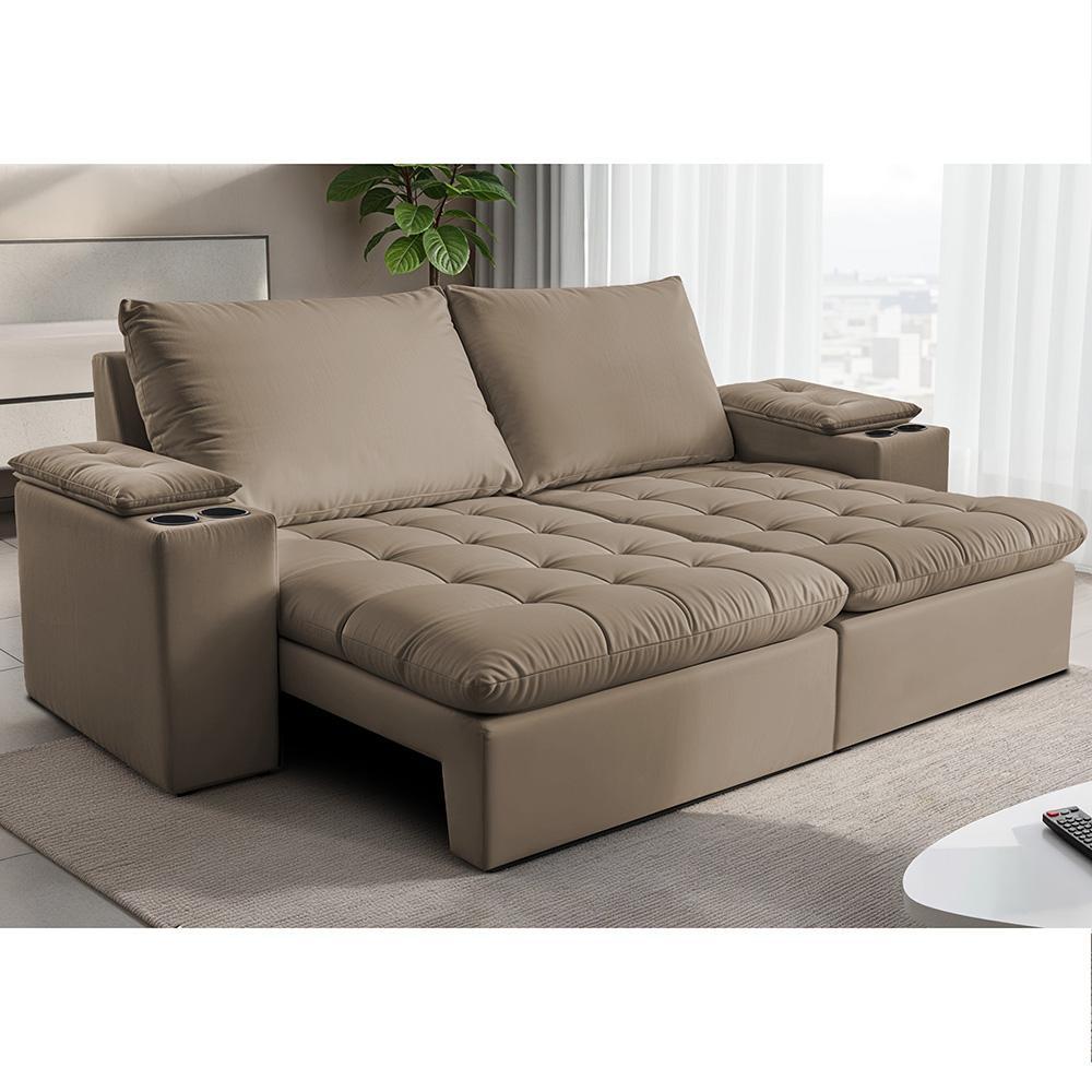 Sofá Retrátil e Reclinável 2,00m Milano. com Porta Copos Velupluma Cama inBox