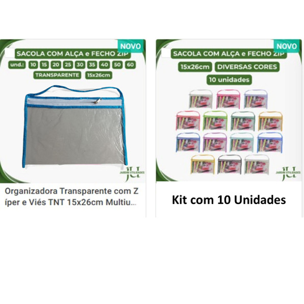 Organizador tipo necessarie - Sacolinhas plásticas Transp. p/aniversários e utilidades c/zíper e viés - 26x15 cm. 683