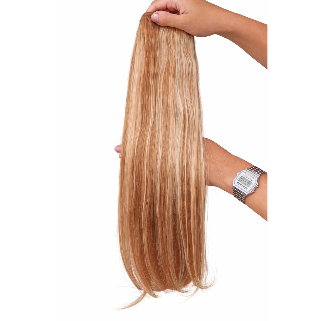 Aplique de Cabelo Europeu Semi Humano Natural Liso Loiro Mel Iluminado na Tela 60cm