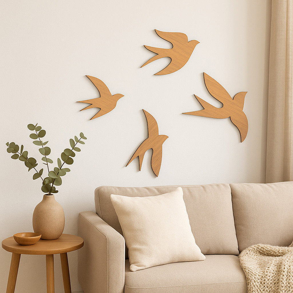 Kit Decorativo de Pássaros em MDF Amadeirado 6mm Decoração de Parede para Sala Casa de Praia Hotel