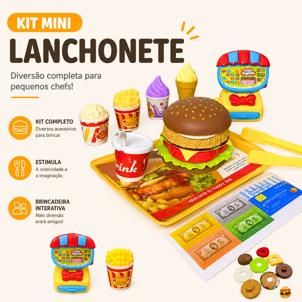 Kit Mini Fast Food Com Maquina Registradora Com 18 peças Hamburgueria