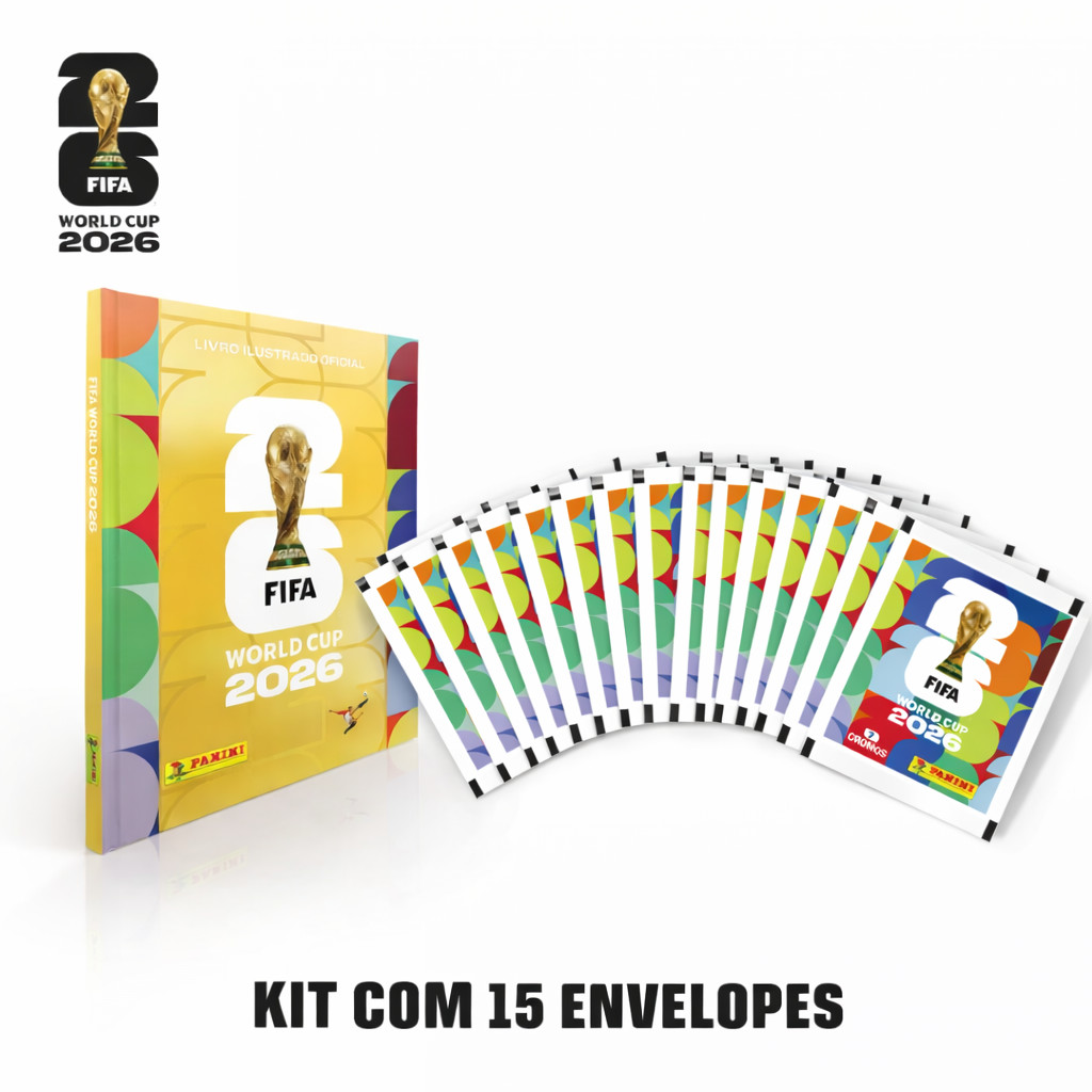 KIT ALBUM COPA DO MUNDO 2026 - CAPA DURA OURO + 15 ENVELOPES