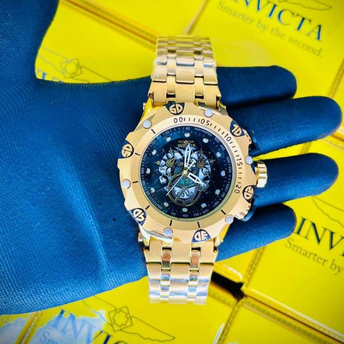 Relógio Invicta Hybrid Dourado Banhado á Ouro 18K Aço Inoxidável Catraca Giratória Grande c/ Cx