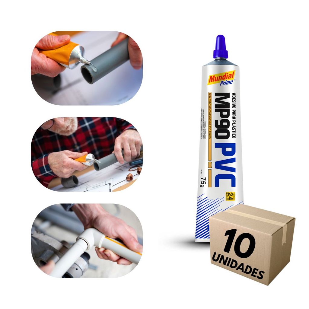 Kit 10 Adesivo PVC MP90 Mundial Prime 75g Cola para Tubos e Conexões de PVC