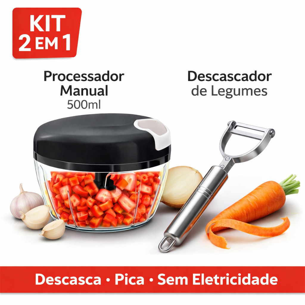 Kit Cozinha 2 em 1 Processador Manual 500ml + Descascador Legumes Picador Alho Cebola Sem Eletricidade Pratico Original
