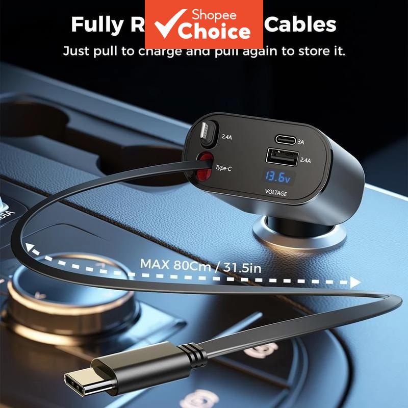 Carregador De Carro Retrátil Multi Portas USB C Adaptador De Carregamento Rápido