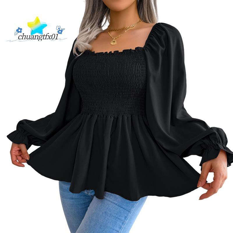 [Promover C] Blusa Feminina Manga Comprida Gola Quadrada Lanterna Franzida Babado Bainha Smocked Peplum Babydoll Camisa