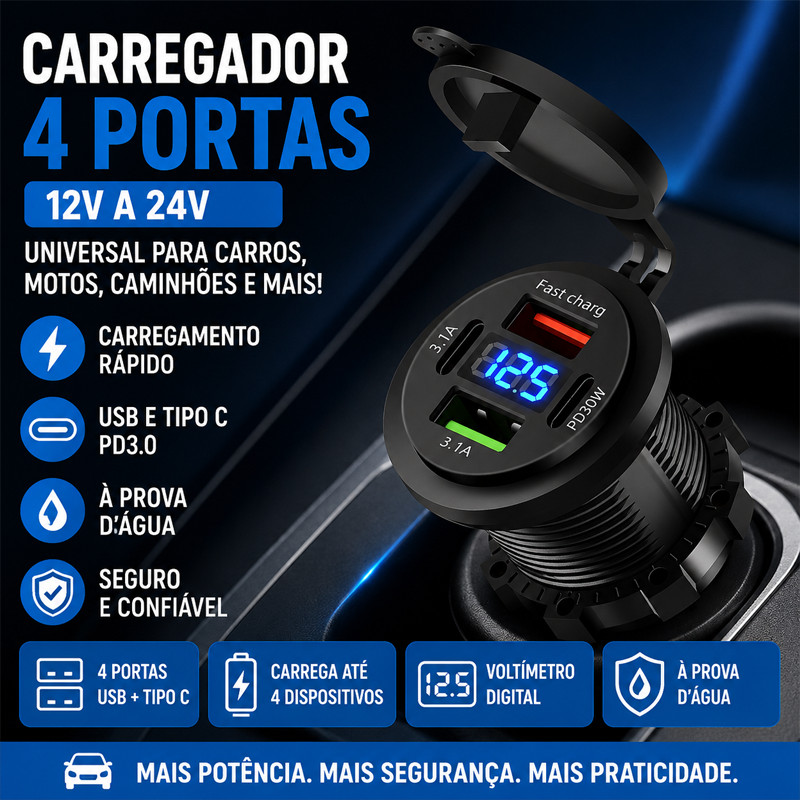 Carregador Carro Tomada 4 Portas PD Voltímetro À Prova D’água carregador carro usb tipo c pd3.0 voltimetro