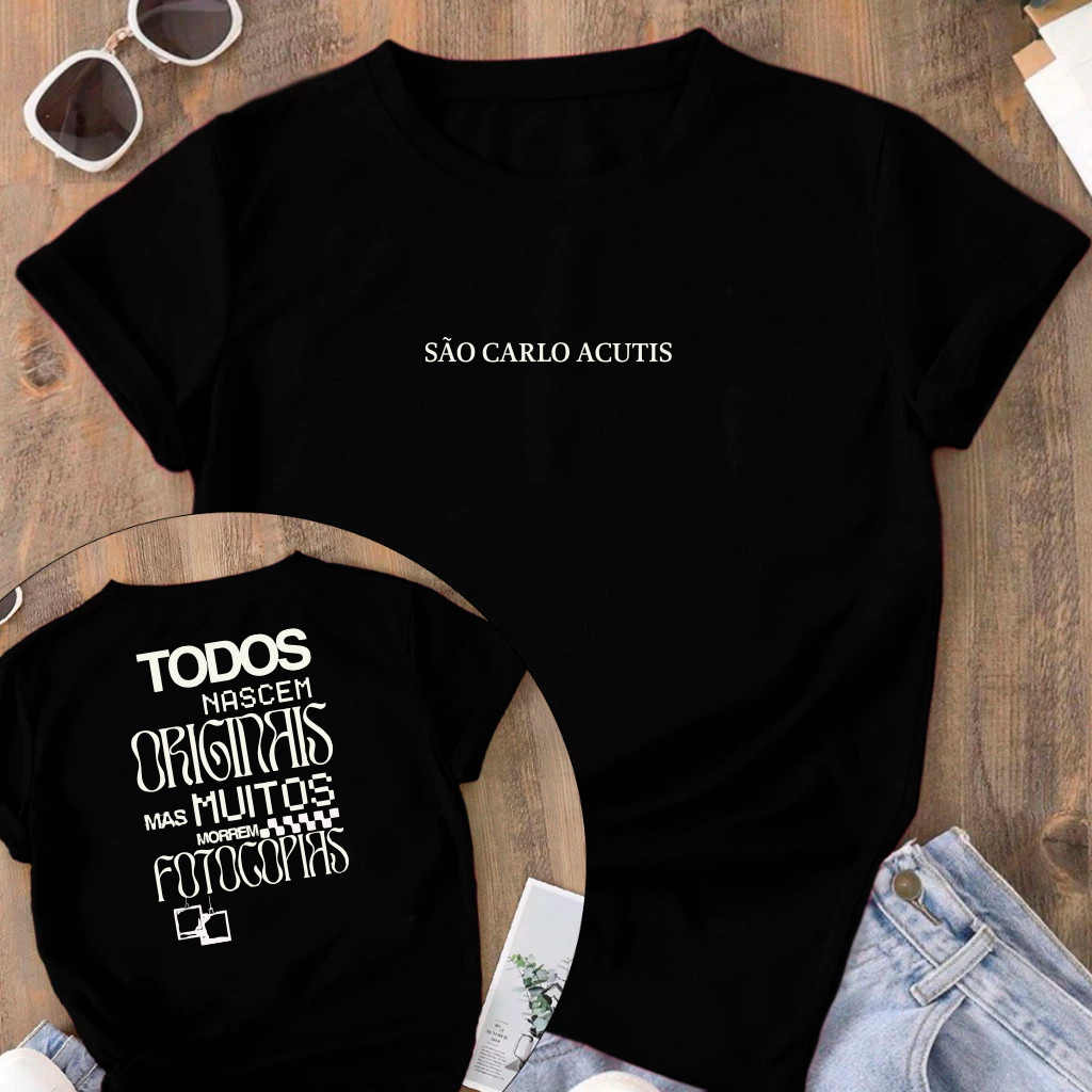 Camiseta Tradicional São Carlos Acutis Santo Jovem Cristã Católica 100% Algodão Unissex