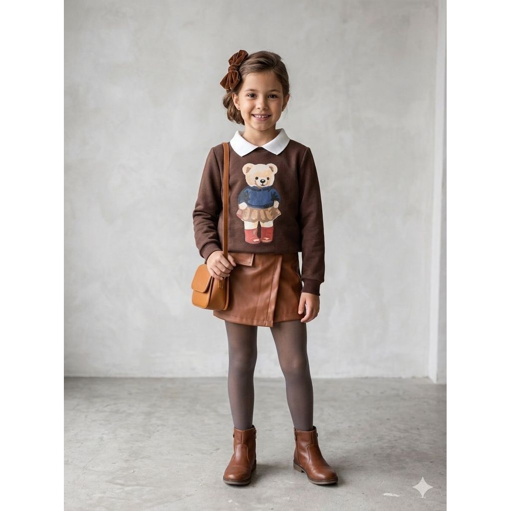 Conjunto Infantil Feminino Inverno Ursinha Luxo Moletom e Saia Courino Menina Quentinho Estiloso