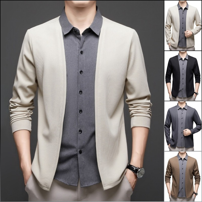 Camisa Formal Masculina, Camisa Masculina Simulada de Duas Peças, Cardigã Casual de Tricô, Suéter Masculino Slim 3452