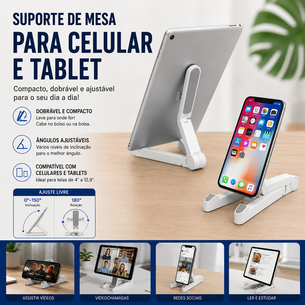 Suporte portátil dobrável compatível com celular e tablet com ajuste de 150° para utilização em mesa de escritório