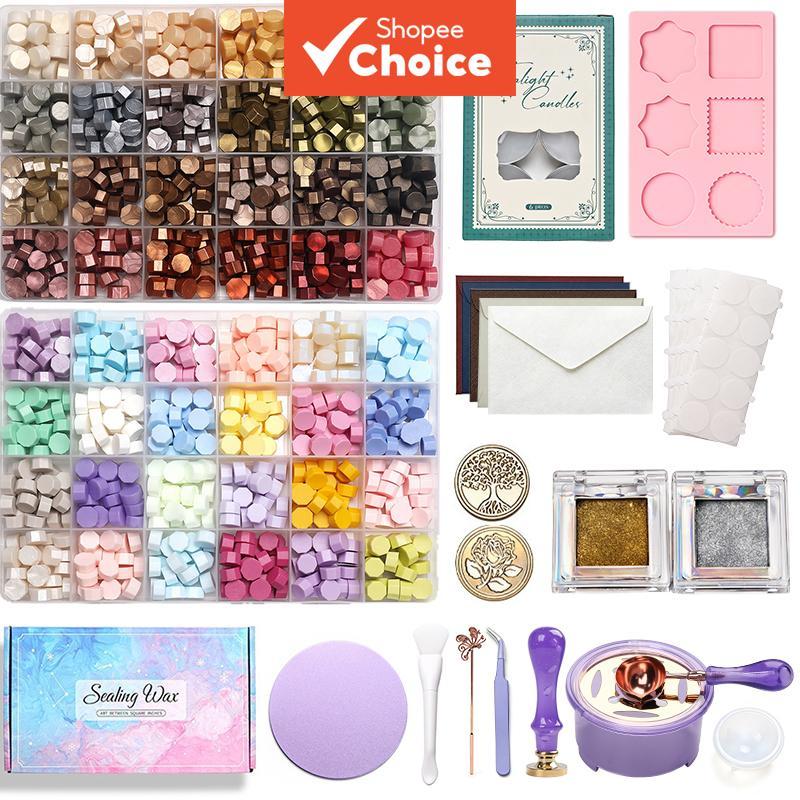 Kit Completo de Lacre com Cera, Contas de Cera, Fogareiro, Ferramentas, Glitter, Envelopes e Acessórios para Artesanato