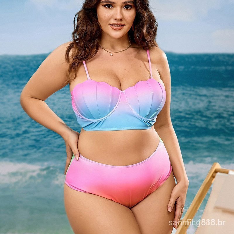 Biquíni feminino plus size europeu e americano 2026, biquíni de duas peças de cintura alta com enchimento colorido.
