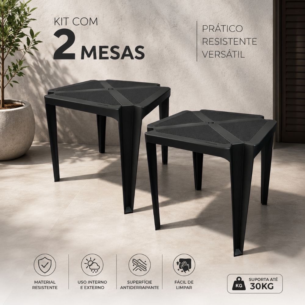 Kit 2 Mesas Plásticas Monobloco Resistente Uso Interno e Externo