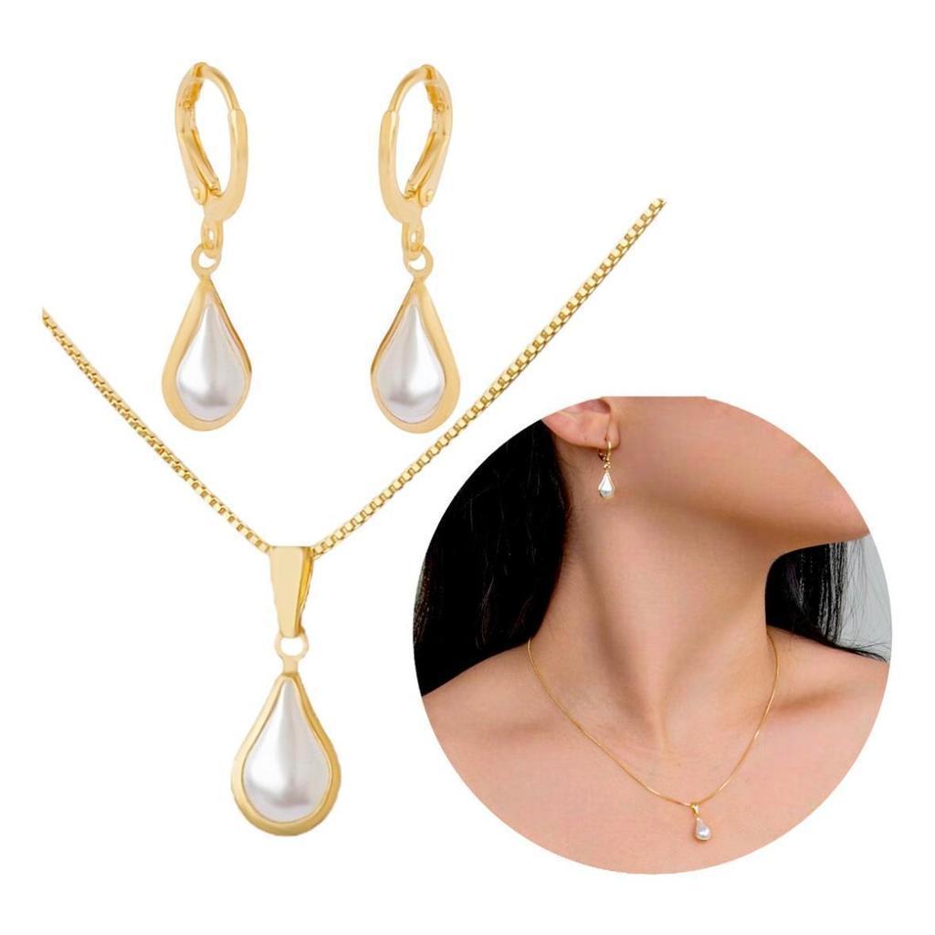 Conjunto de colar e brincos com pingente de pérola em formato de gota, banhados a prata 925 ou ouro 18k