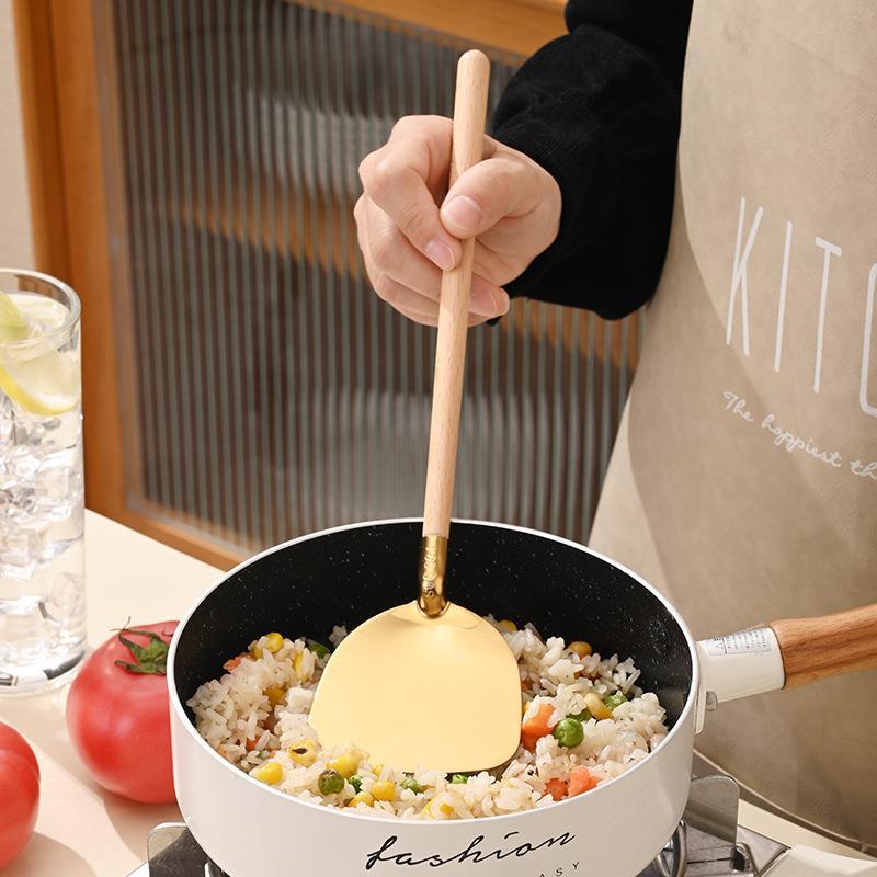 Colher de sopa com cabo de madeira estilo japonês de aço inoxidável 304 Cabo longo Colher de panela quente Anti-escaldan