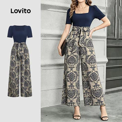 Lovito Macacão Boho Colorblock Azul Para Mulheres Primavera/Verão Floral LK6ED065