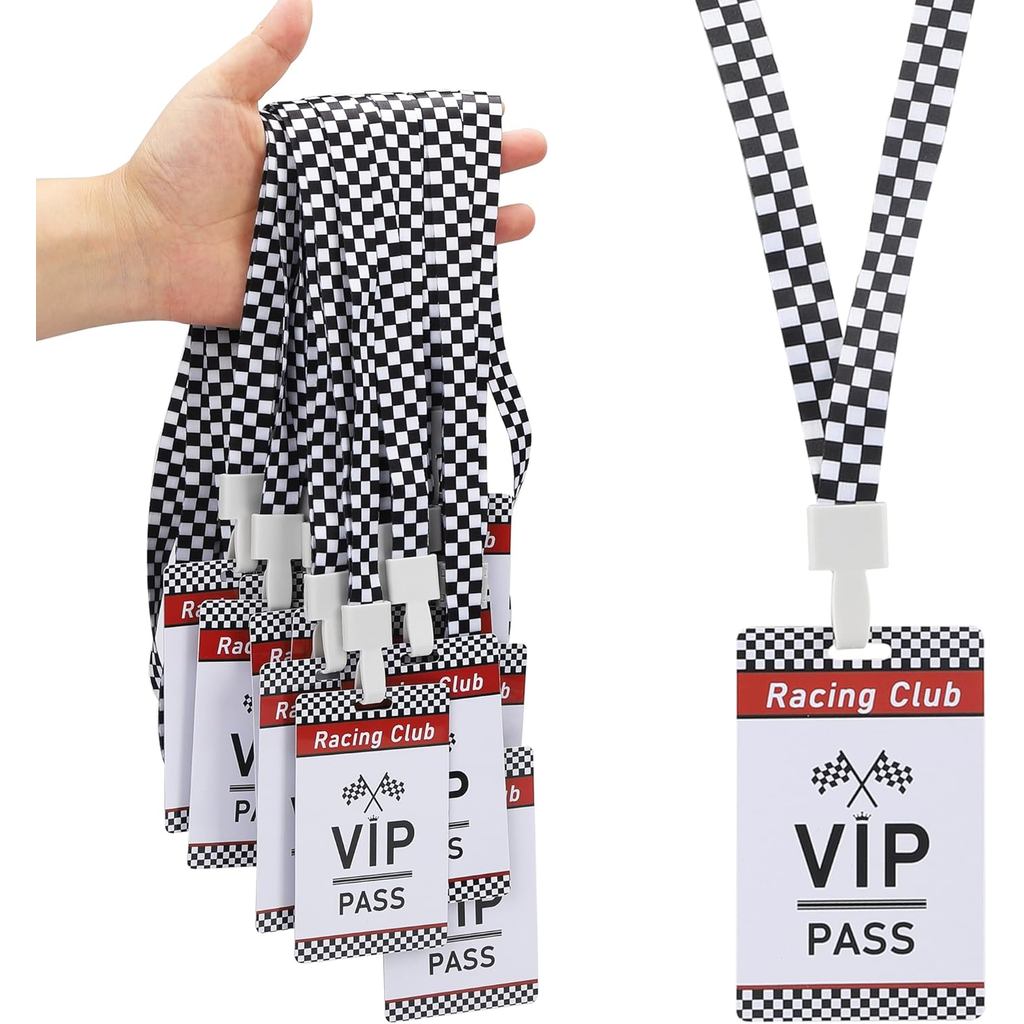 25 Conjuntos de Cartões VIP de Corrida com Cordões Xadrez Preto e Branco, Passes de Backstage em PVC para Decorações de