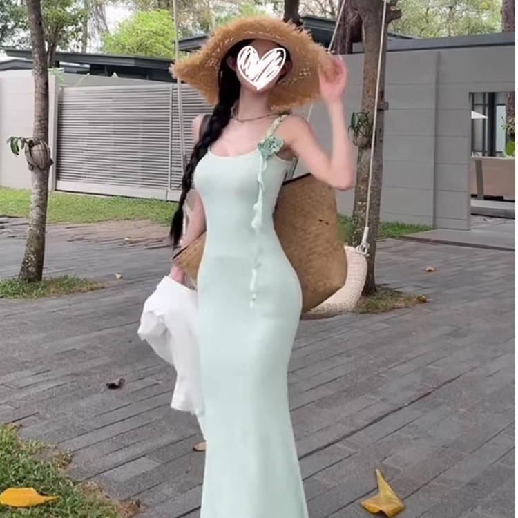 2026 Mint Mambo Green Sling Dress Feminino Verão Cintura Estreita Slim-Fit Saia Sexy Apertado Hip-Wrap Fishtail Saia Lon